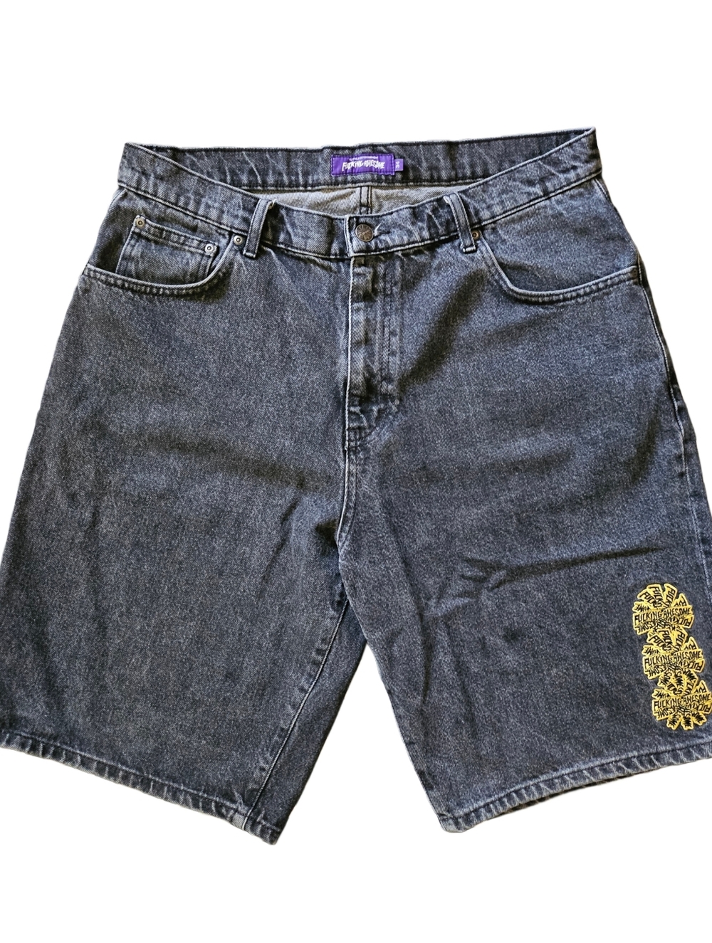 FA Fucking Awesome Triple Spiral Embroidered Gray Black denim jean shorts Jorts